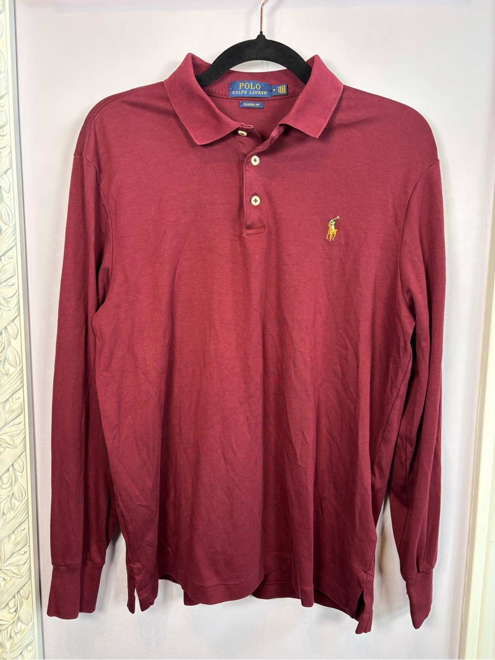 Polo by Ralph Lauren Long Sleeve Polo Shirt - Burgundy with Yellow Logo Medium